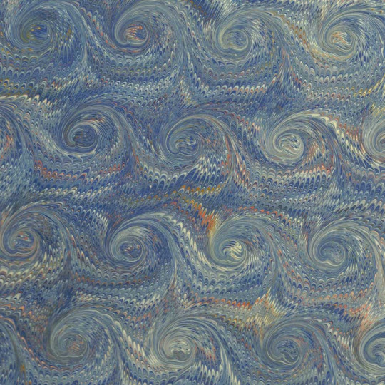 Hand Marbled Paper Combed French Curl Pattern in Blue with Orange ~ Berretti Marbled Arts